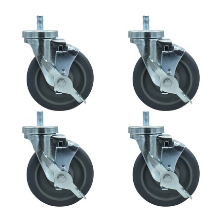 Bk Resources 5-inch Threaded Stem Casters, Gy Rubber Wheels, Brake, 300lb Cap, Oil/Grease/Water Resistant, 4PK 5SBR-4ST-GR-PS4